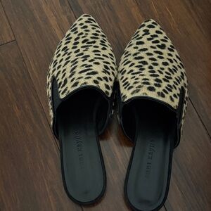 Jenni Kayne Hair Calf Black and Cream Animal Print Mules
